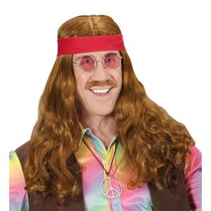 Peluca hippie castaña con banda y bigote 