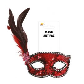 Mascara lentejuelas roja con pluma