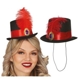 Mini sombrero chistera roja con pluma